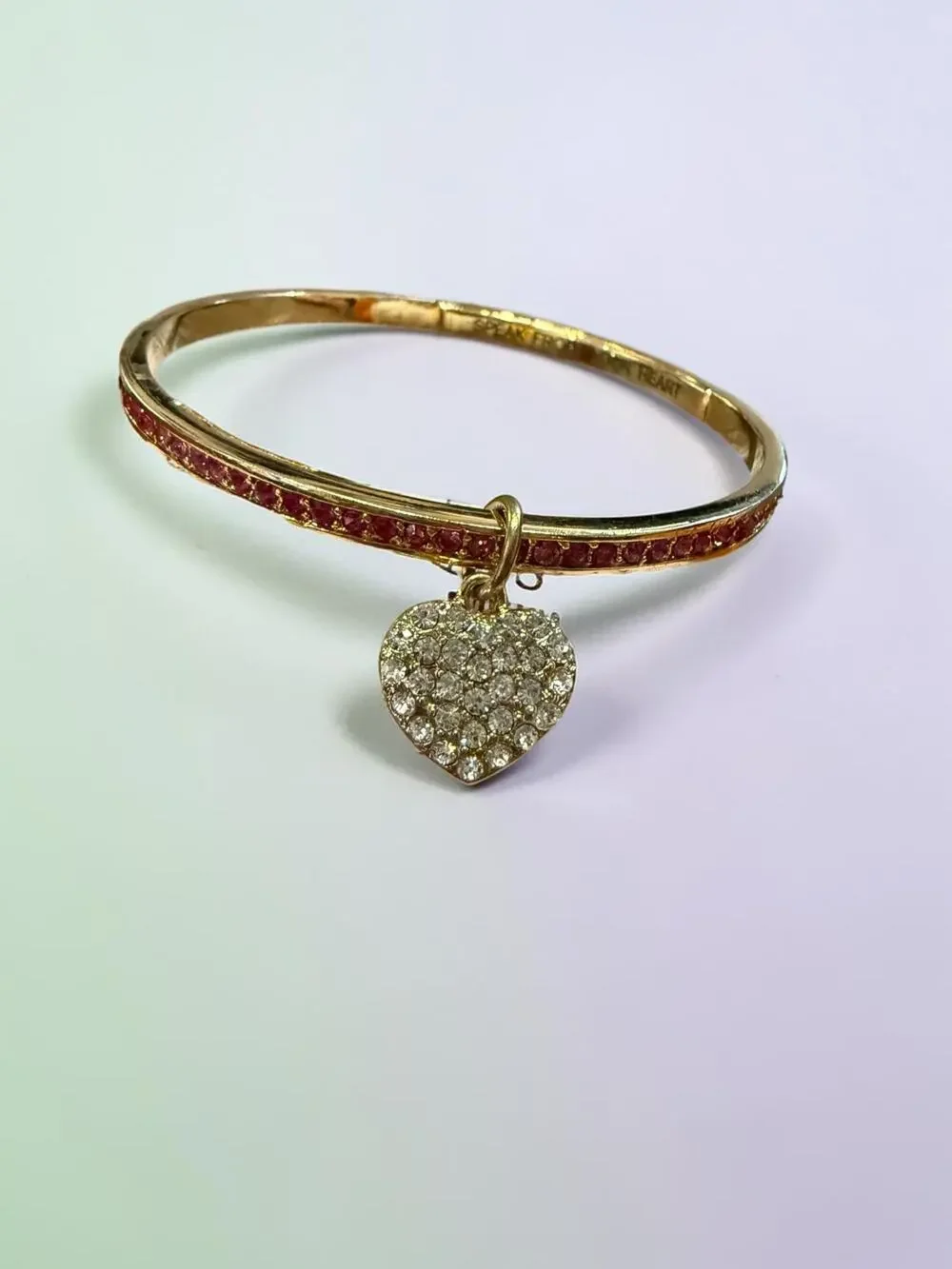 Vintage Ritzy by Les Bernard Pink Rhinestone Heart Charm Bangle Bracelet